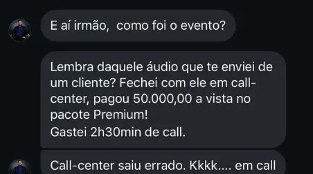 Print de WhatsApp: mentorado conta que fechou R$50 mil à vista no pacote premium em uma call de 2h30