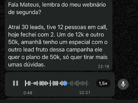 Print de WhatsApp: mentor conta que atraiu 30 leads, fez 12 reuniões e fechou 2 contratos, um de R$12 mil e outro de R$50 mil